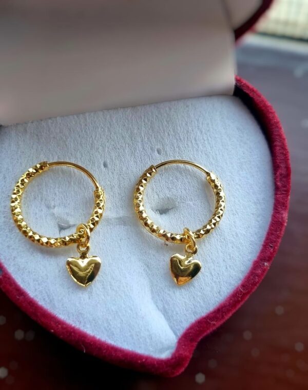 Golden Round Earrings with Heart Charm