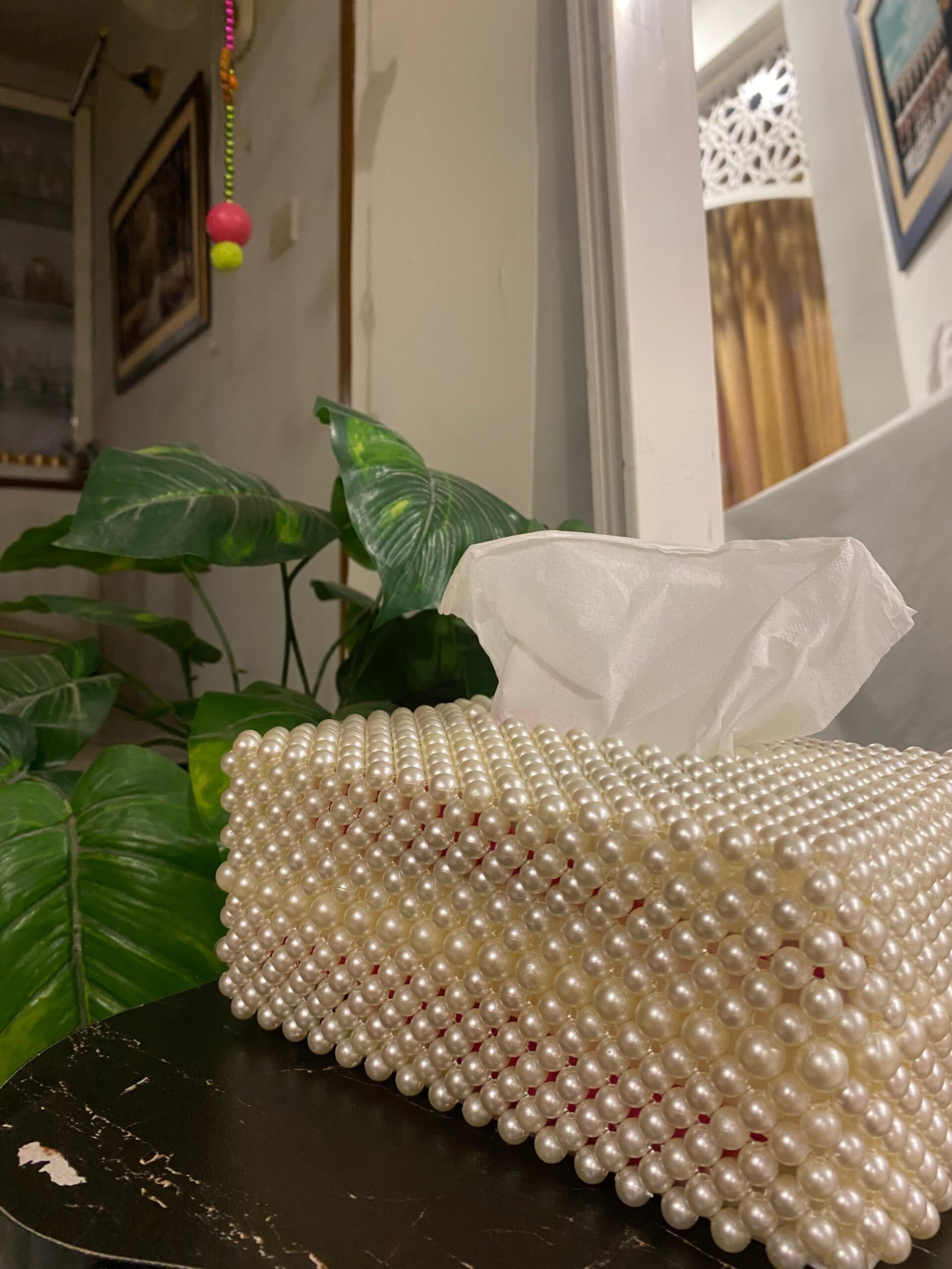 Luxury Handmade Beaded Tissue Box Cover – Decorative Pearl Beads Design